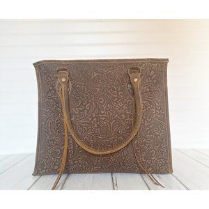 Brown Leather Tote Bag | Western Bag | Womens Tote Bag | Embossed Floral Design